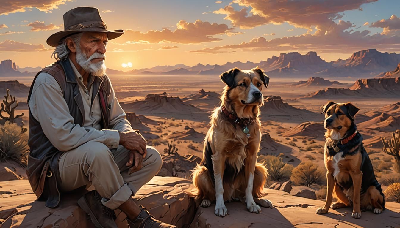 Desert Sunset Portrait with Old Man and Dog