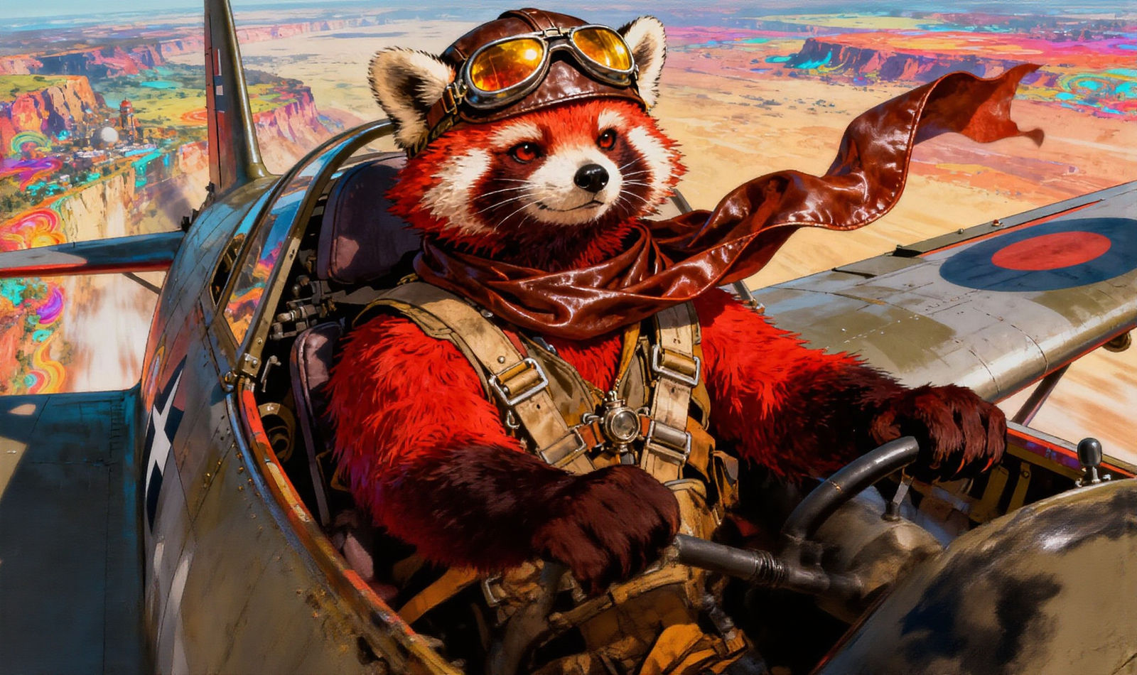 Steampunk Red Panda Pilot in Epic Landscape