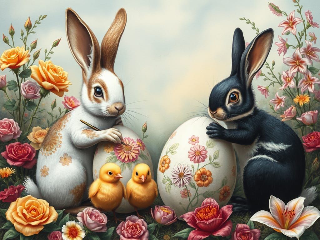 Whimsical Easter Bunnies Painting Eggs in Fairy Tale Landsca...