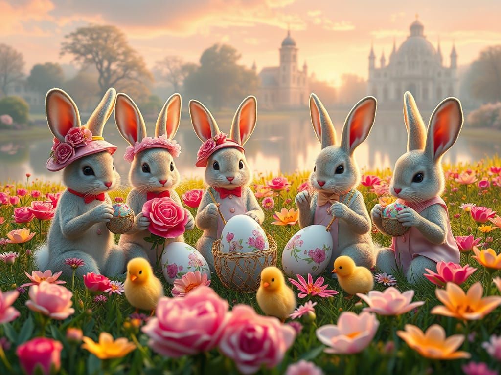 Easter Bunnies Painting Eggs in a Vibrant Field