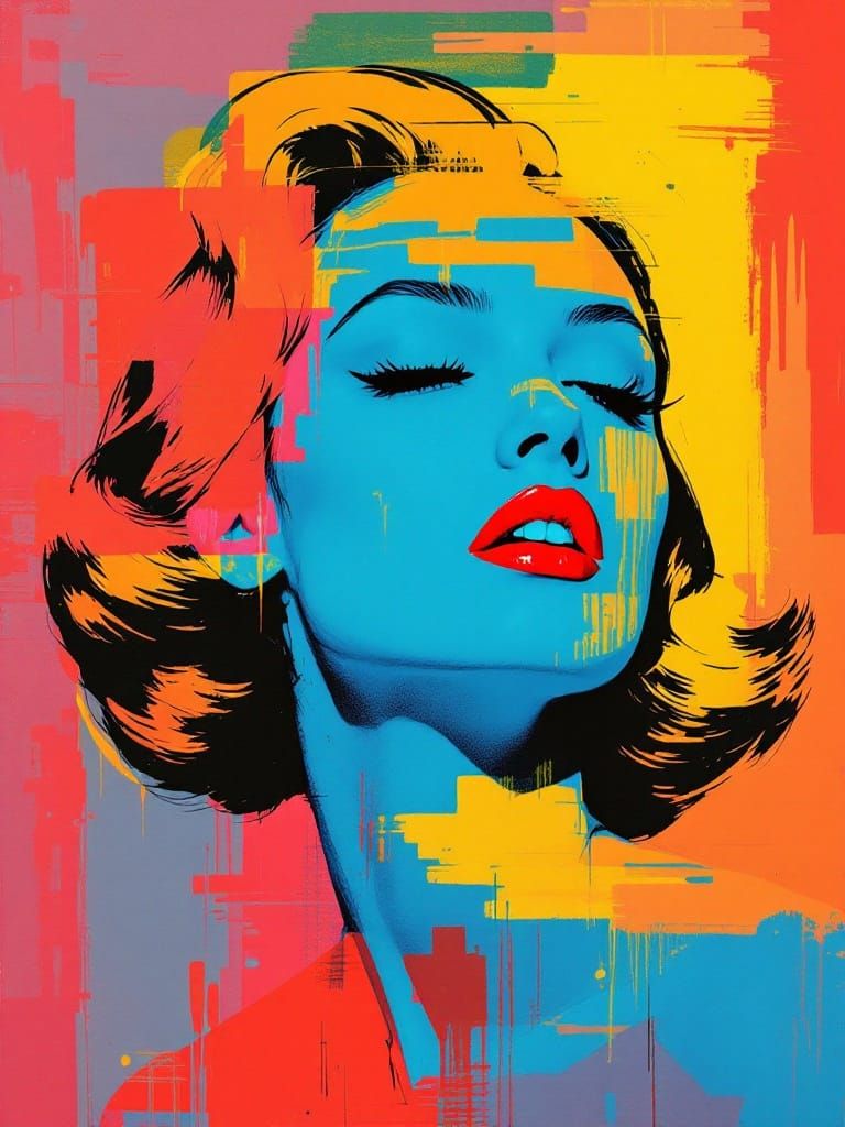 Pop Expressionist Pinup Icon in Vibrant Cyan