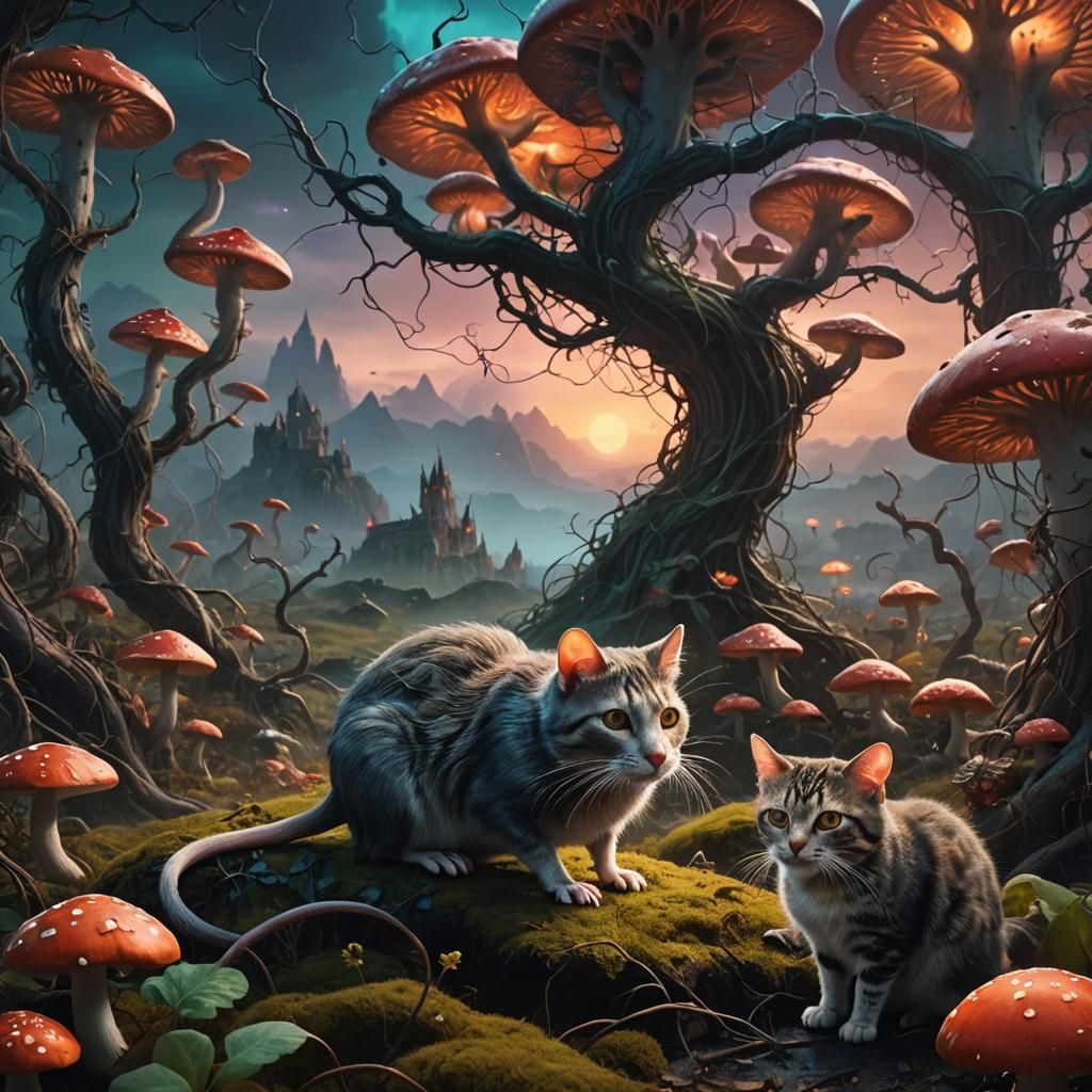 Cat and Rat Mesmerized Stare in Dreamlike Landscape
