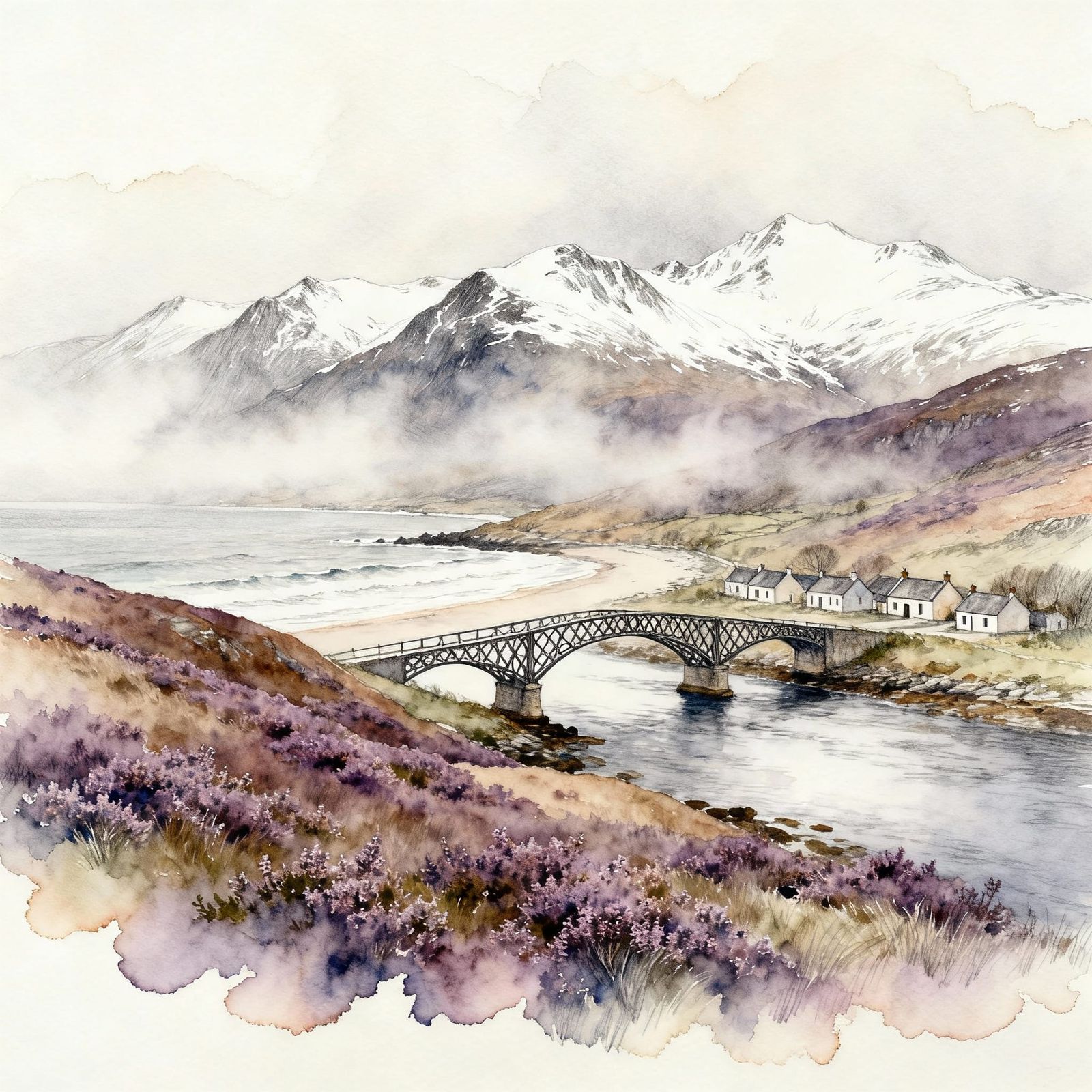 Misty Scottish Hills with Heather and Snow-Capped Mountains