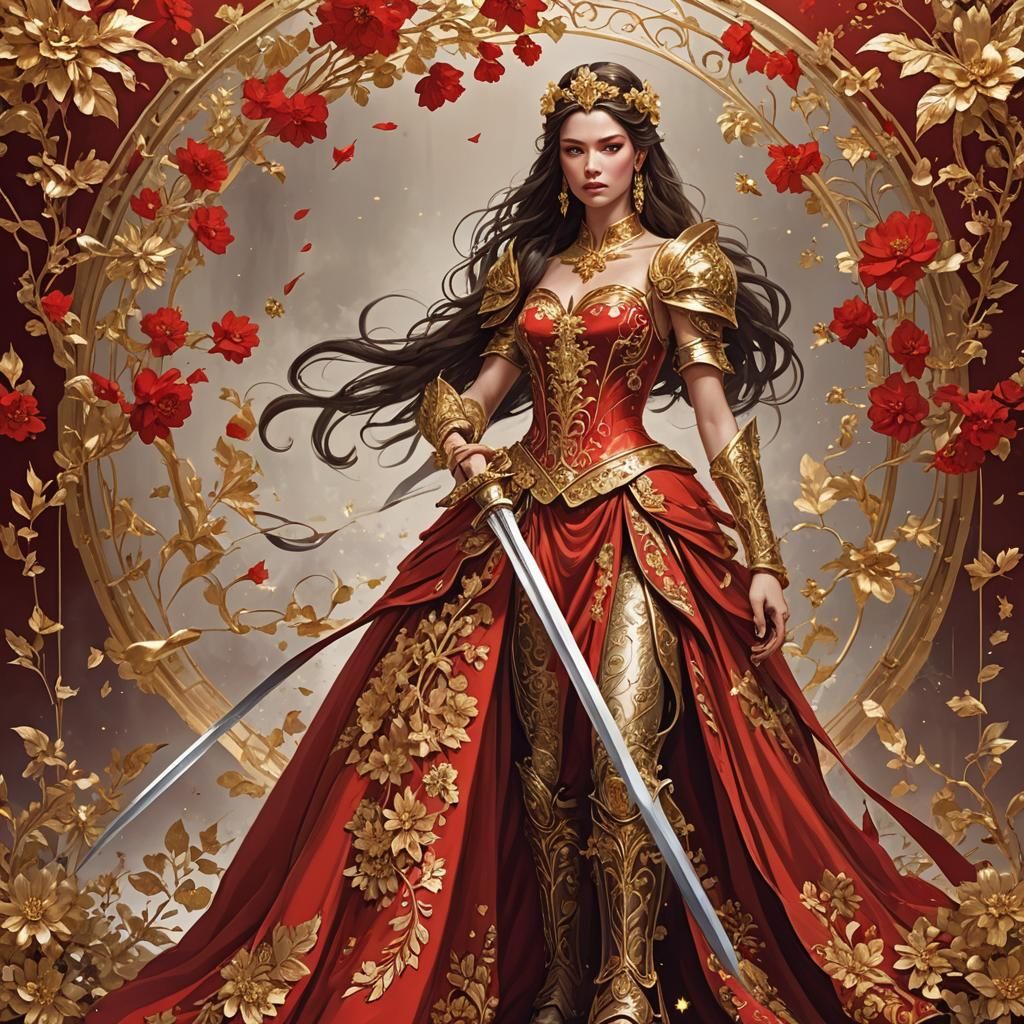 Warrior Princess in Red Gown with Sword