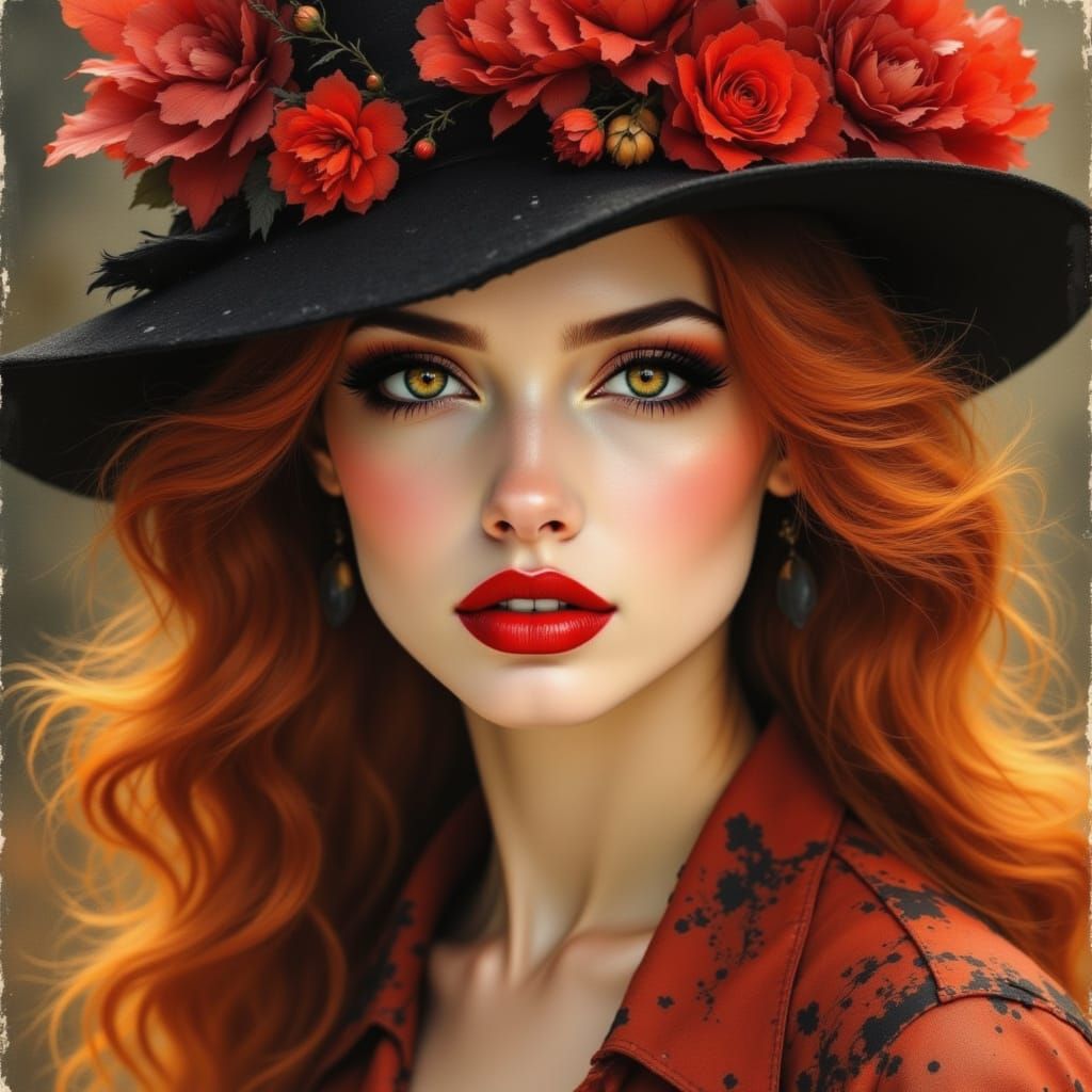 Gilded Age Woman with Auburn Hair in Watercolor Style