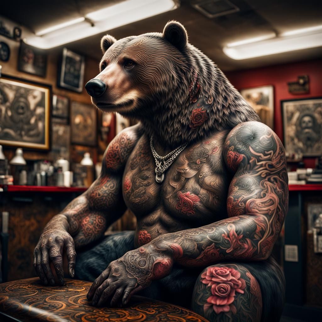 Tattooed Bear in Tattoo Parlor: Hyperrealistic 64MP
