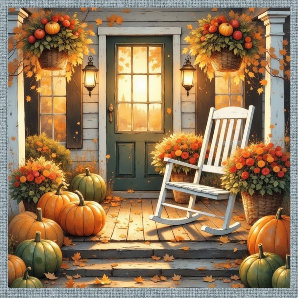 Whimsical Oil Painting of Rustic Autumn Porch