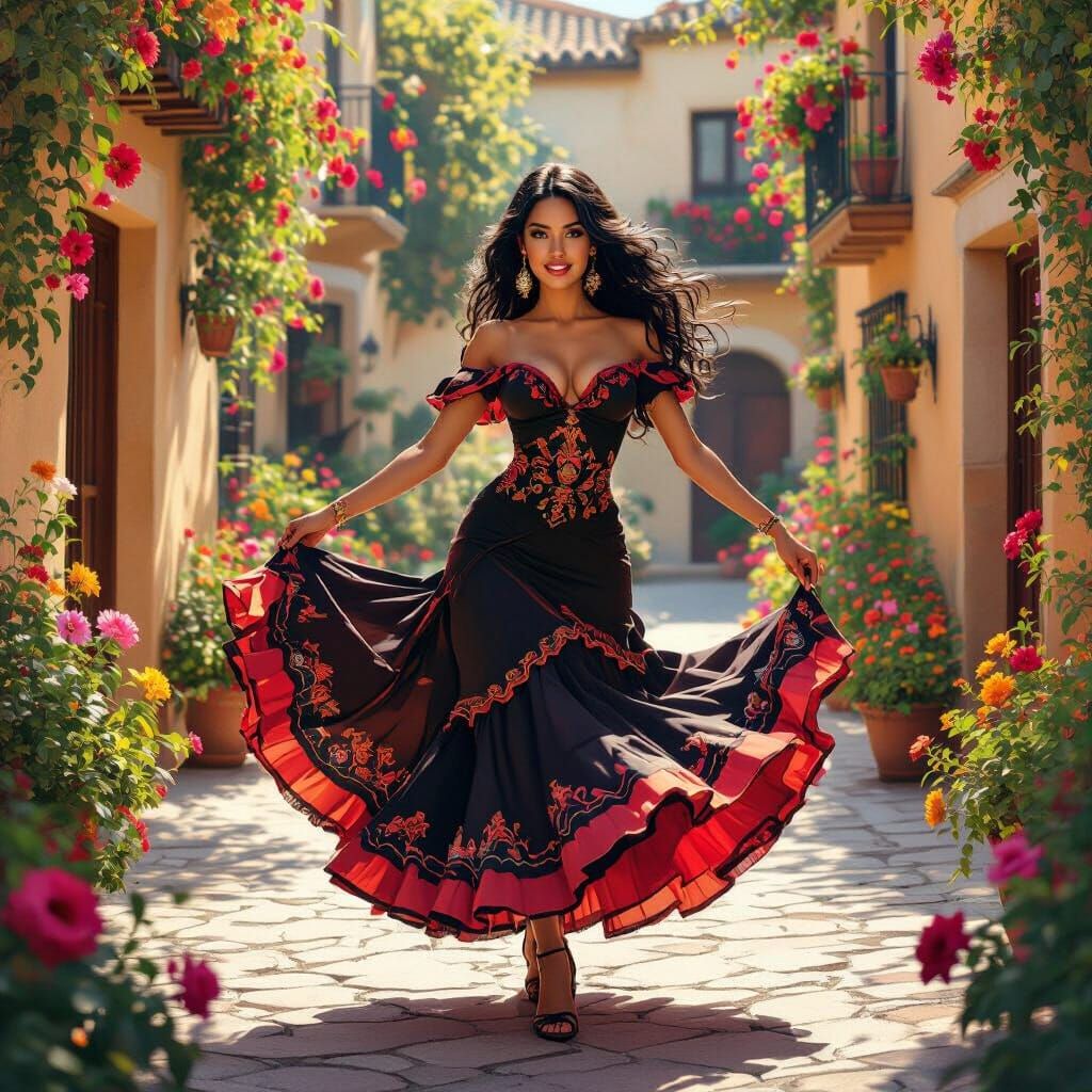 Flamenco Dancer in Sun-Drenched Spanish Courtyard