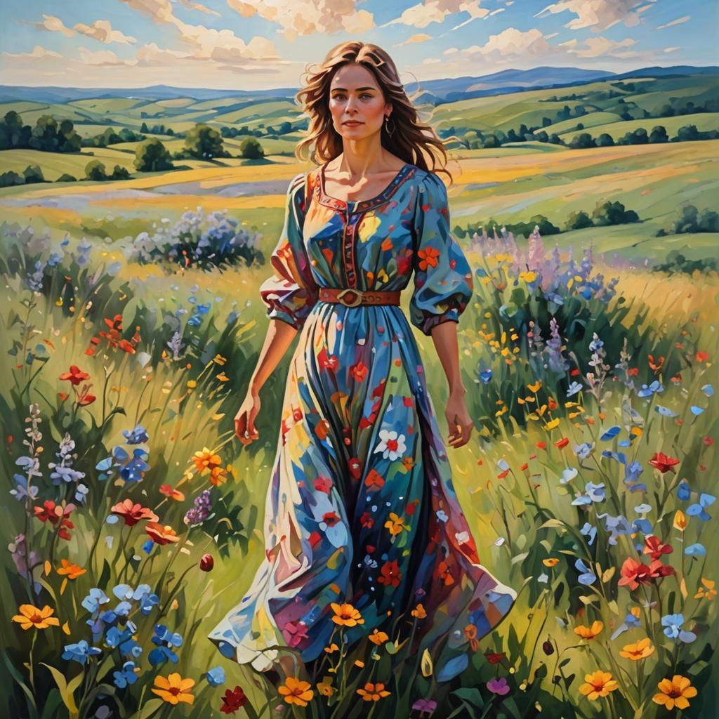 Impressionist Woman in Wildflower Field Oil Painting