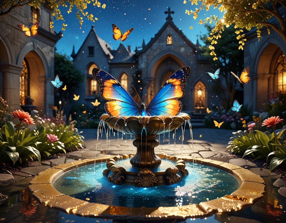 Glowing Anthropomorphic Fountain in Surreal Moonlit Courtyar...