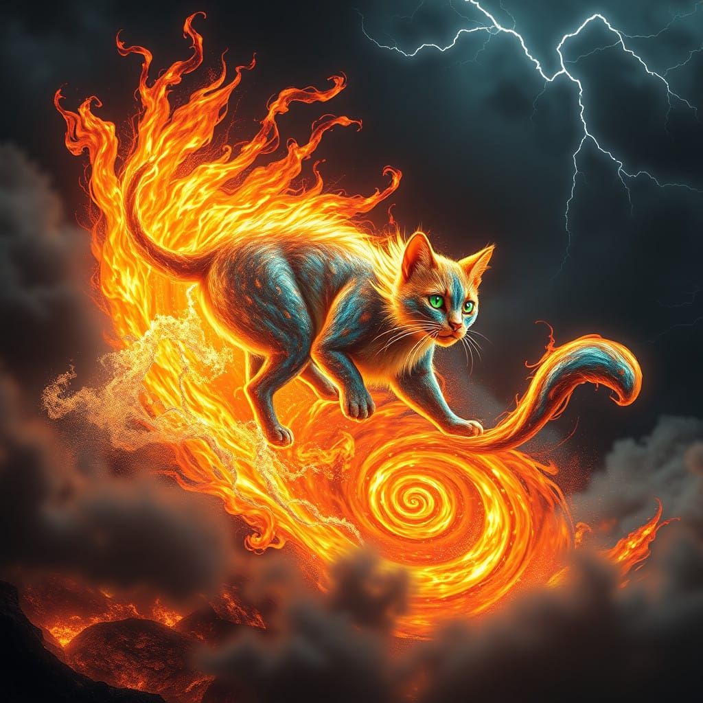 Ethereal Fire Cat Rides a Tsunami of Lava