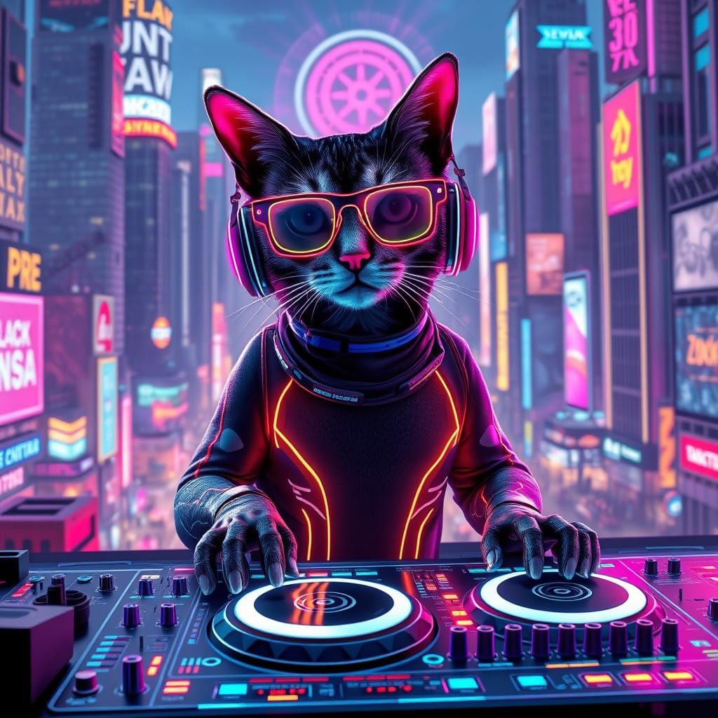 Cyberpunk Cat DJ Mastering the Neon City Beat