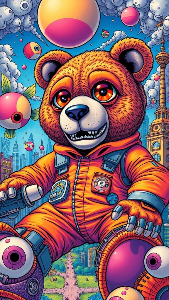 Cyborg Teddy Bear Attacks Surreal City in Cartoon Style