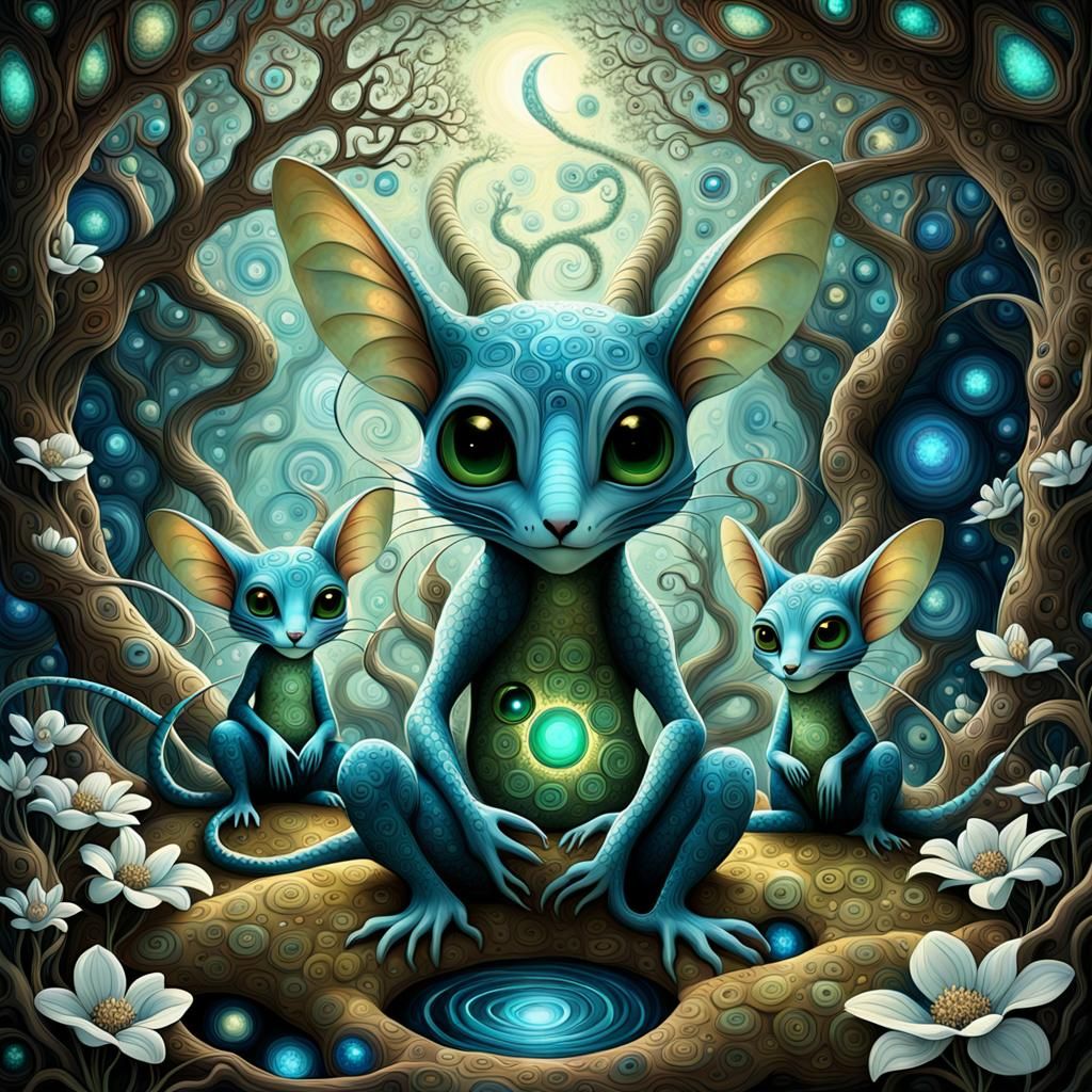 Joyful Alien Dragon-Mice Family in Fractal Garden