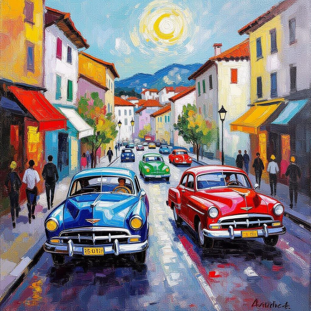 Vibrant Cars in Neo-Impressionist Style