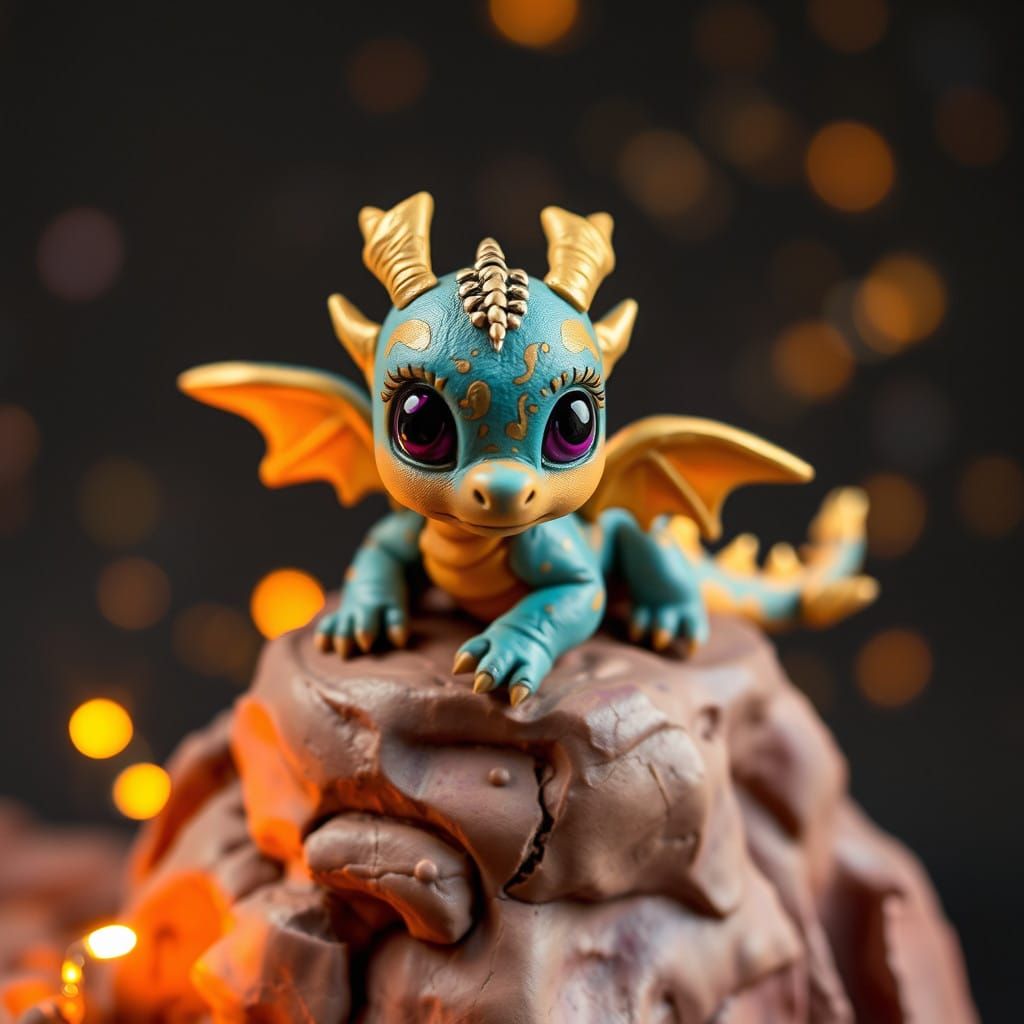 Vibrant Clay Diorama with Baby Dragon Sculpture