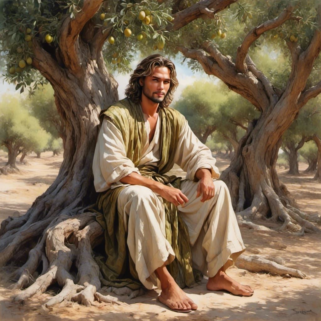 Man in Olive Grove Under Sunlit Tree