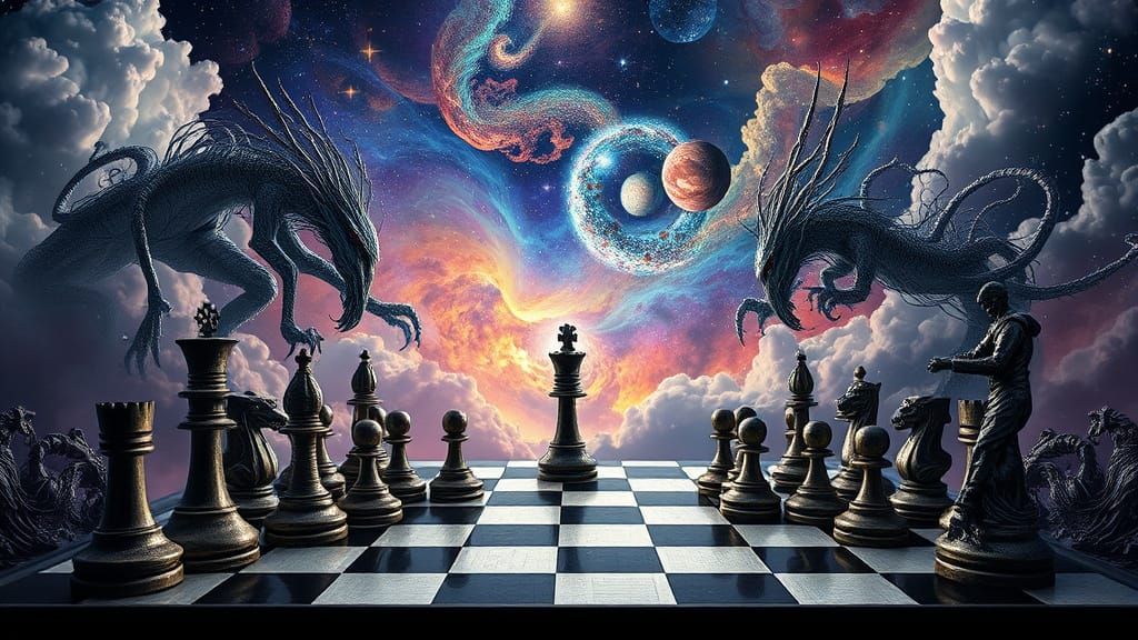 Cosmic Chess Match in Surrealist Style