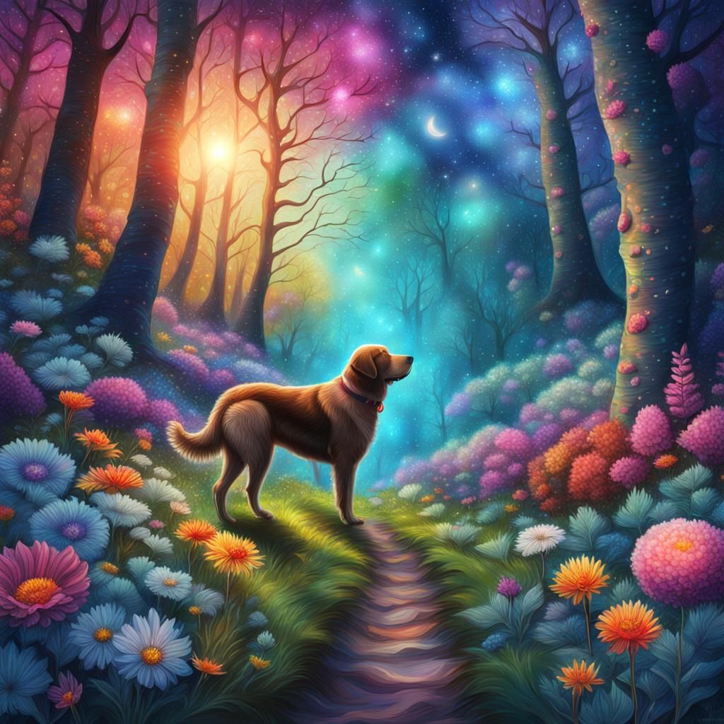 Lush Forest Scene with Dog in Astral Illustration