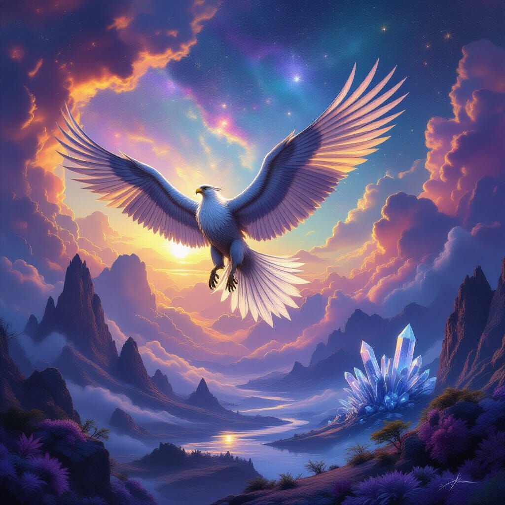 Majestic Griffin Soars Through Cosmic Nebula Sky