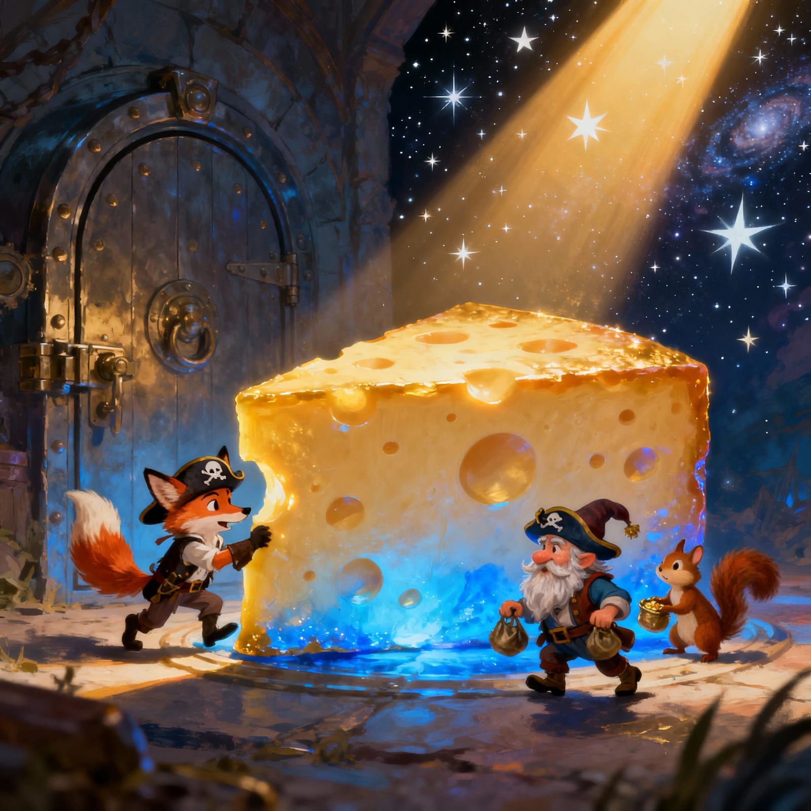 Humorous adventure concept art. A trio of tiny, bumbling pir...