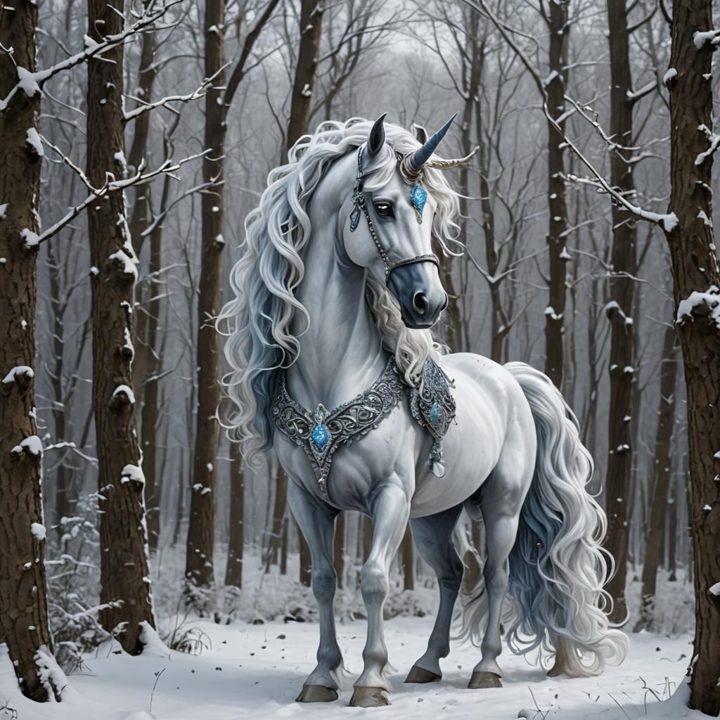 Silver-Eyed Arabian Unicorn in Winter Woods