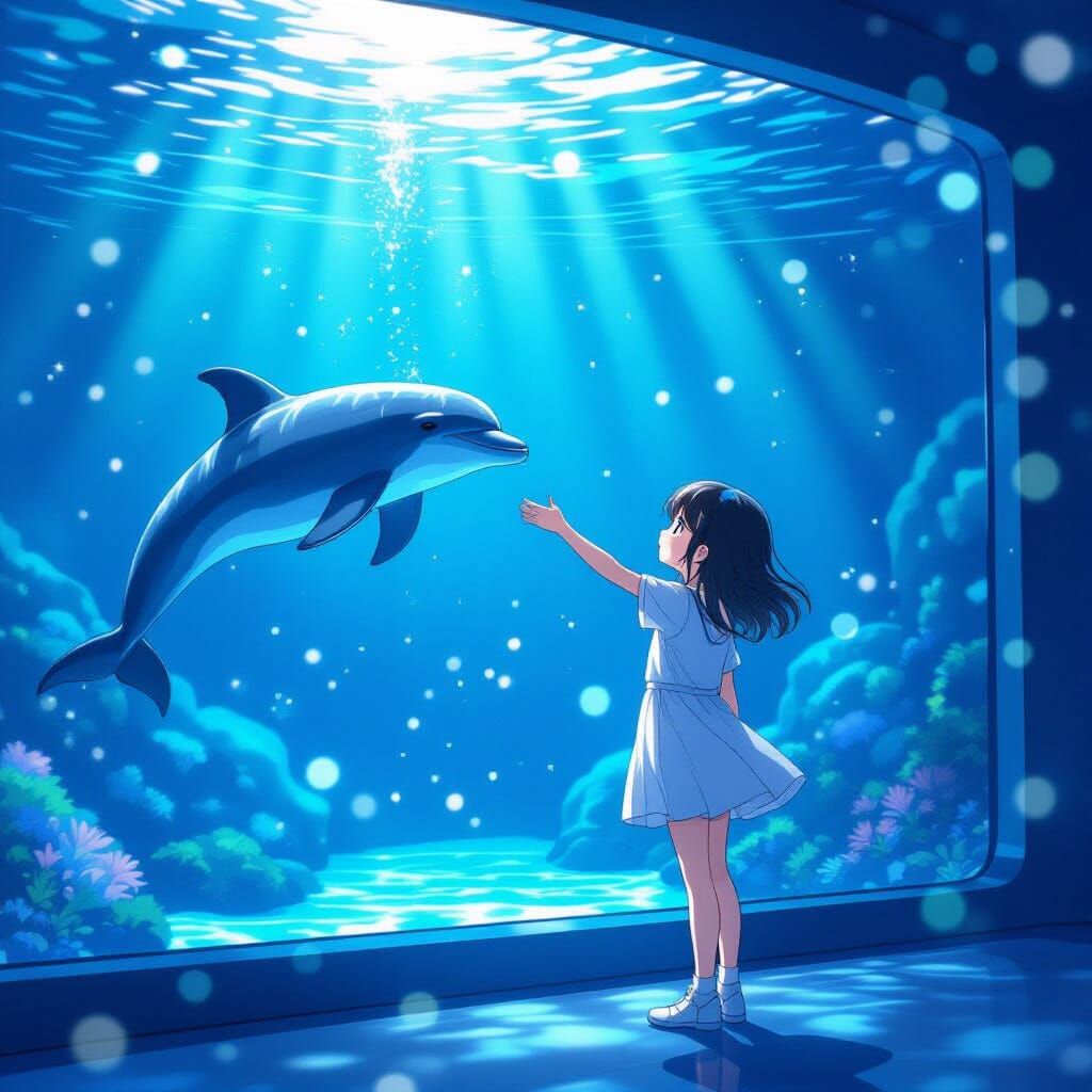 Anime Girl and Dolphin in Glowing Aquarium