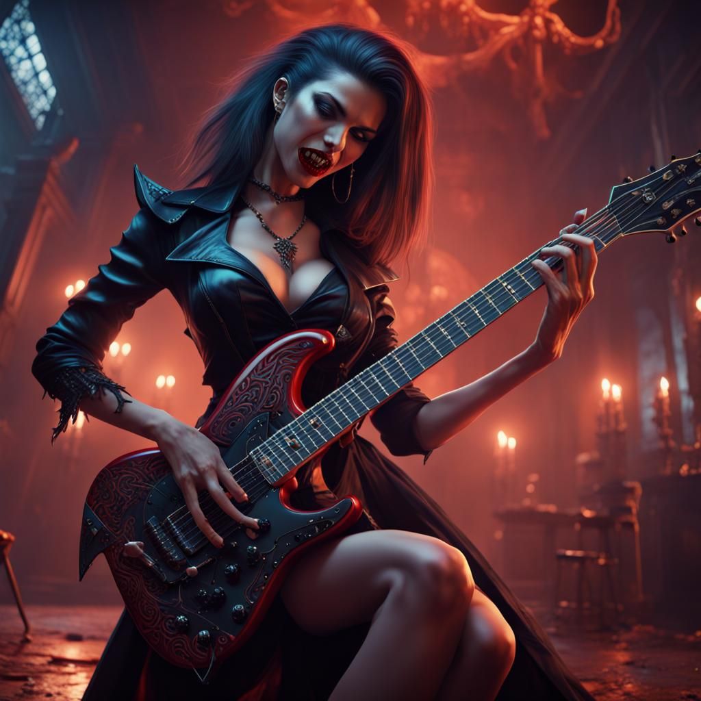 Vampire Woman Shreds Guitar in Detailed Digital Painting