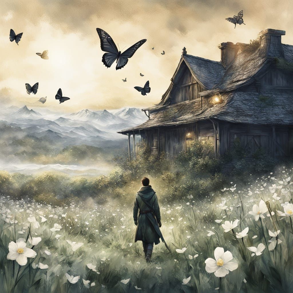 Watercolor Snowscape with Butterflies in Flight