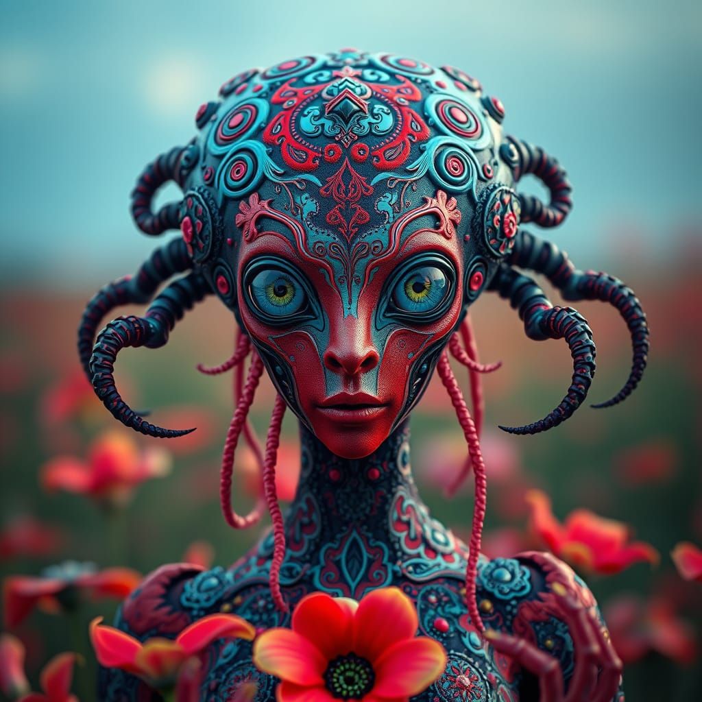 Surreal Alien Goddess Conjured in Whimsical Meadow Landscape