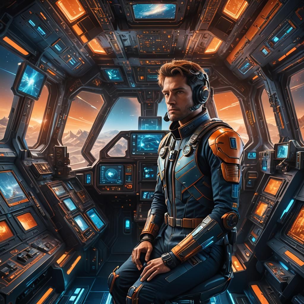Heroic Spaceship Captain in Ornate Cockpit