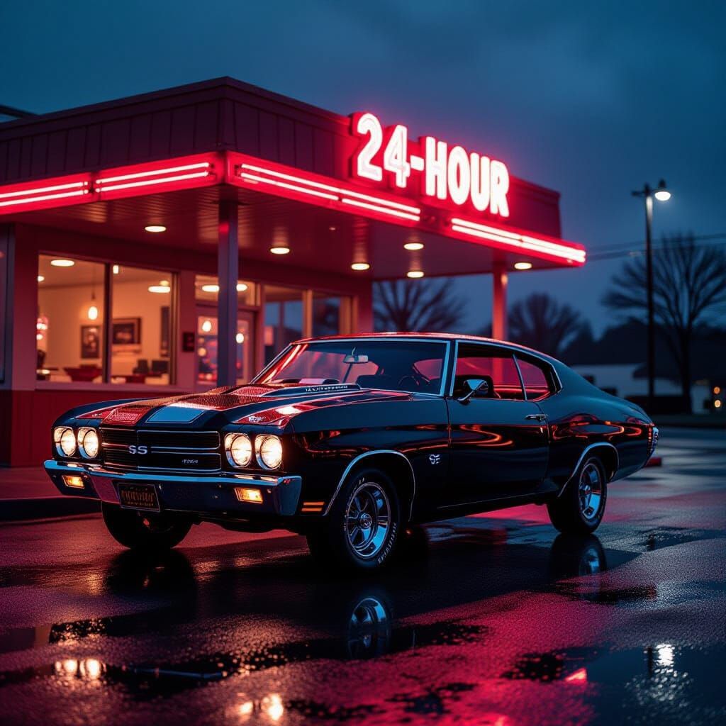 1970 Chevy Chevelle SS Under Neon Diner Lights