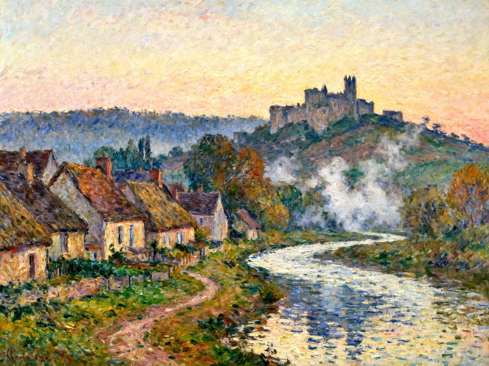 Serene Medieval Village Dawn by River in Impasto Style