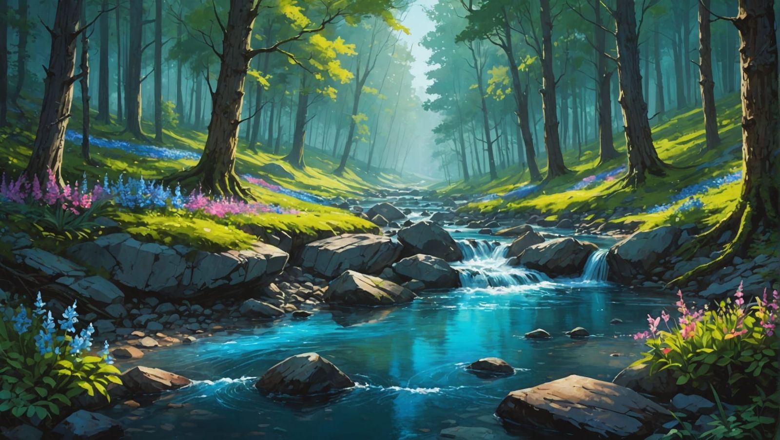 Jewel Blue Stream Flowing Through Forest: Watercolor