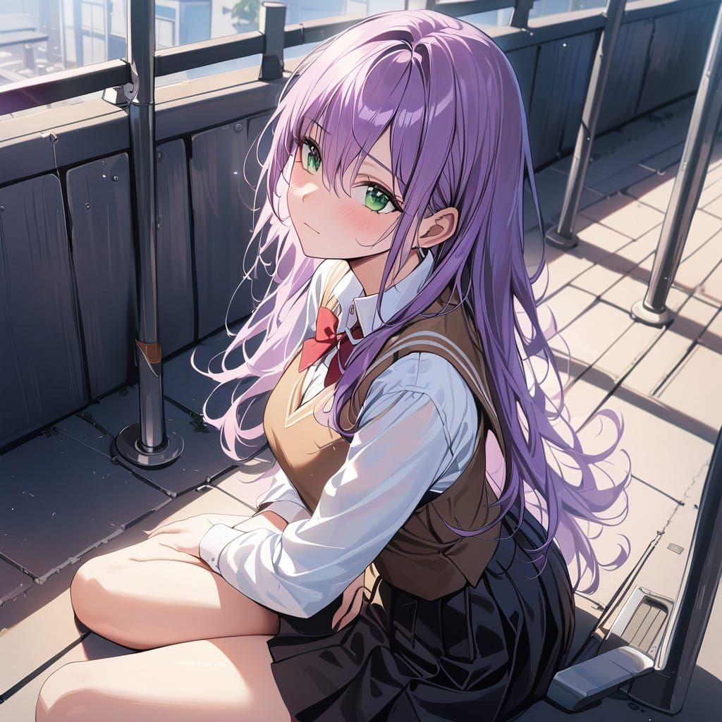 A Chic Schoolgirl Leans Against a Fence on a Rooftop