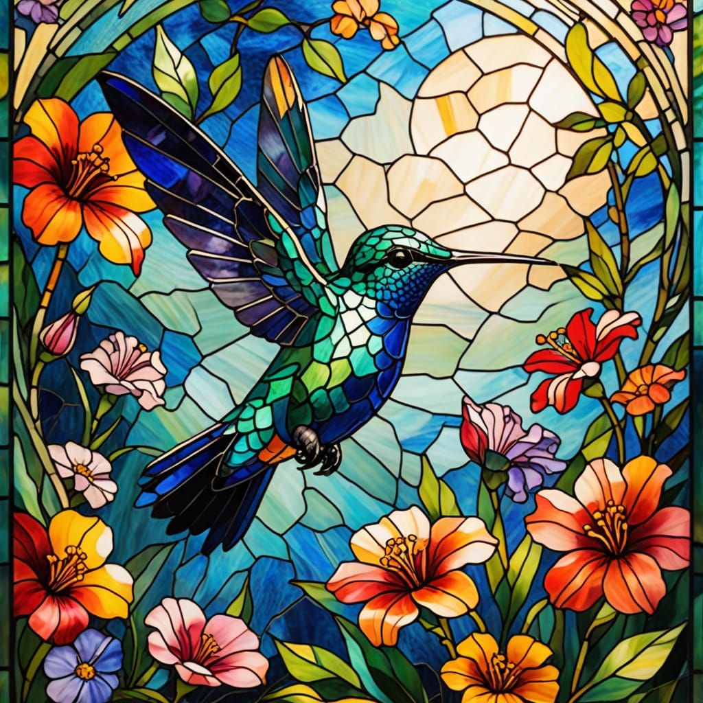 Vibrant Art Deco Hummingbird in Iridescent Stained Glass