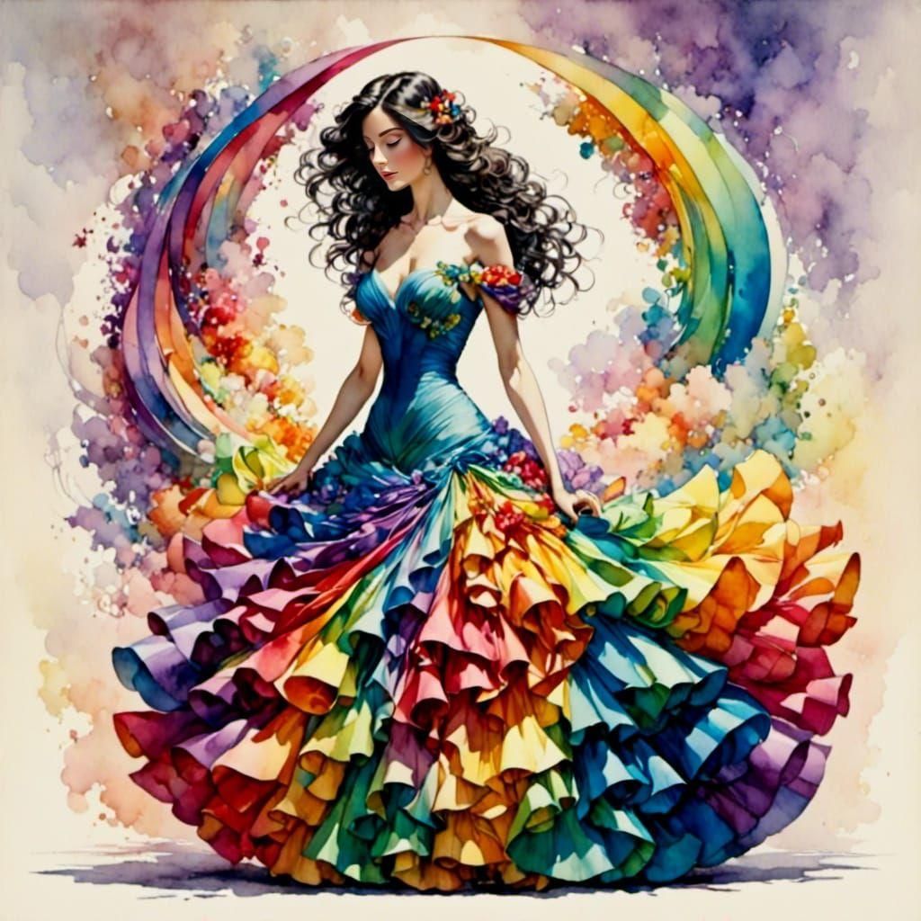 Brunette Woman in Rainbow Dress as Origami