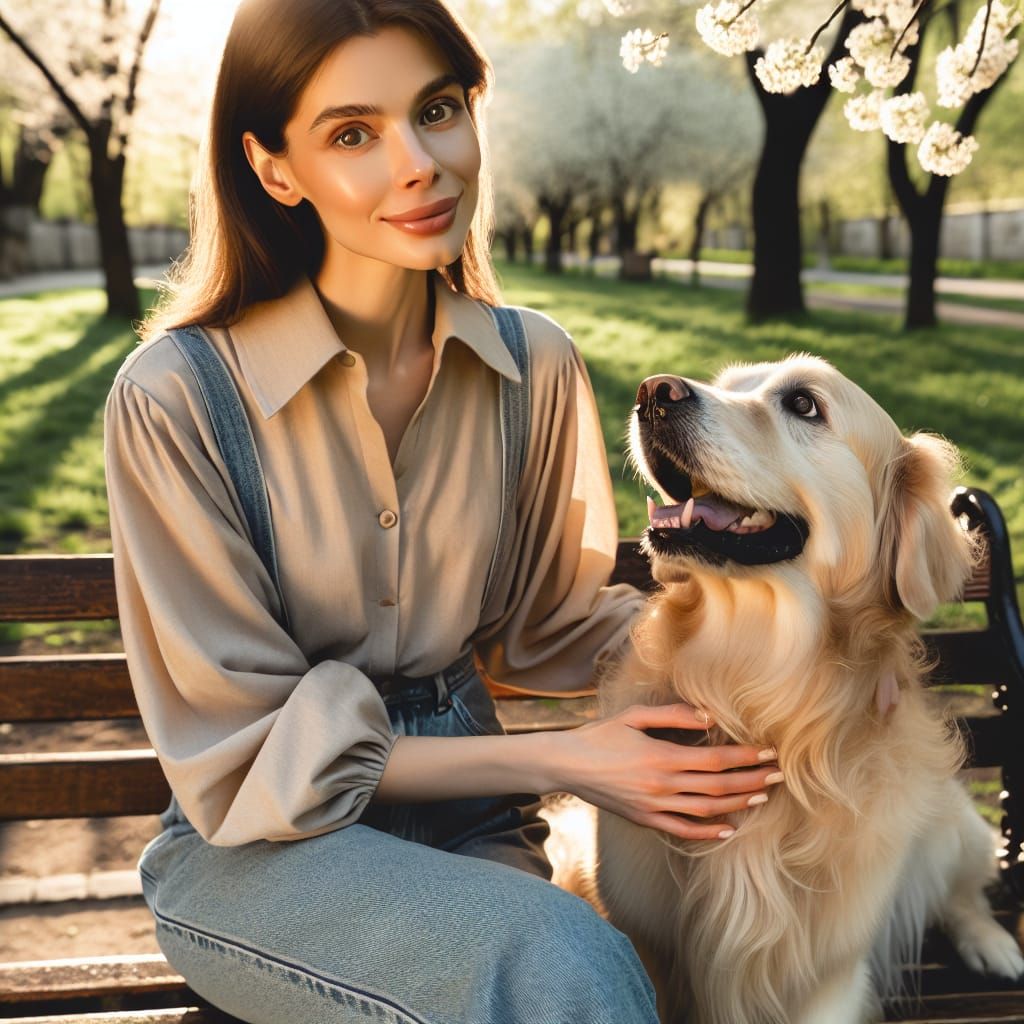 Woman and Golden Retriever in Springtime Park