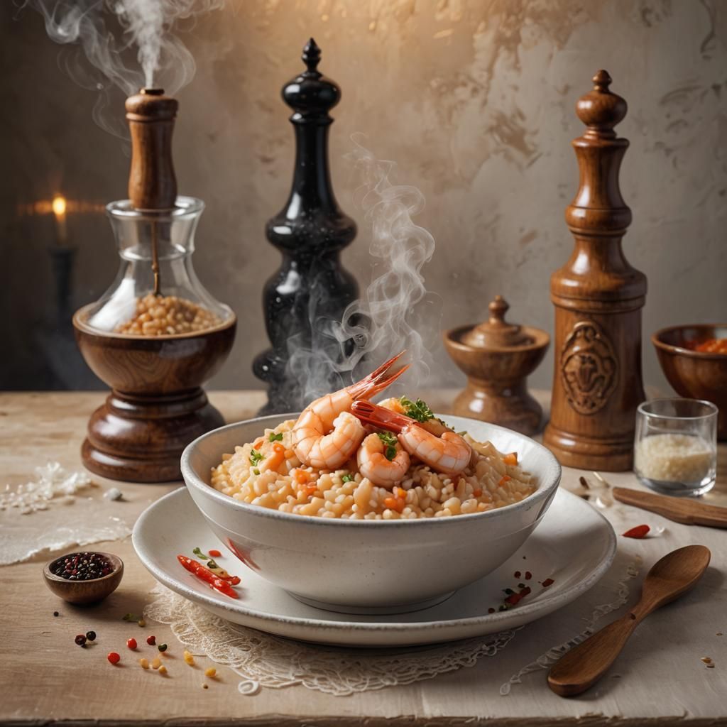 Steaming Prawn Risotto Still Life, Splash Art Style