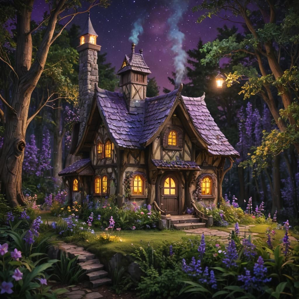 Enchanted Forest Cottage in Watercolor Style