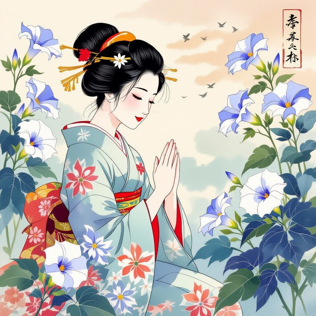 Serene Woman in Prayer Amidst Ukiyo-e Morning Glories