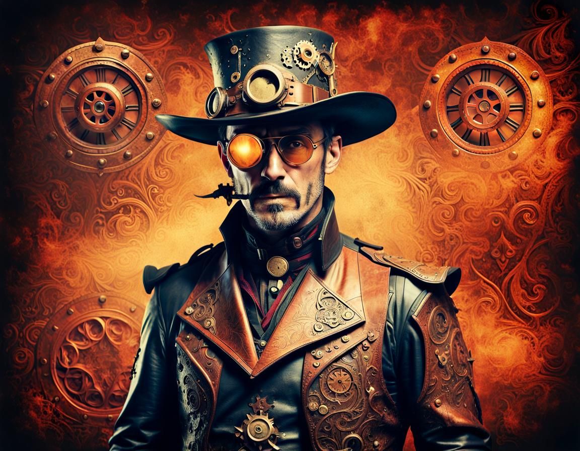 Steampunk Cowboy in Copper Armor: Retro Photo