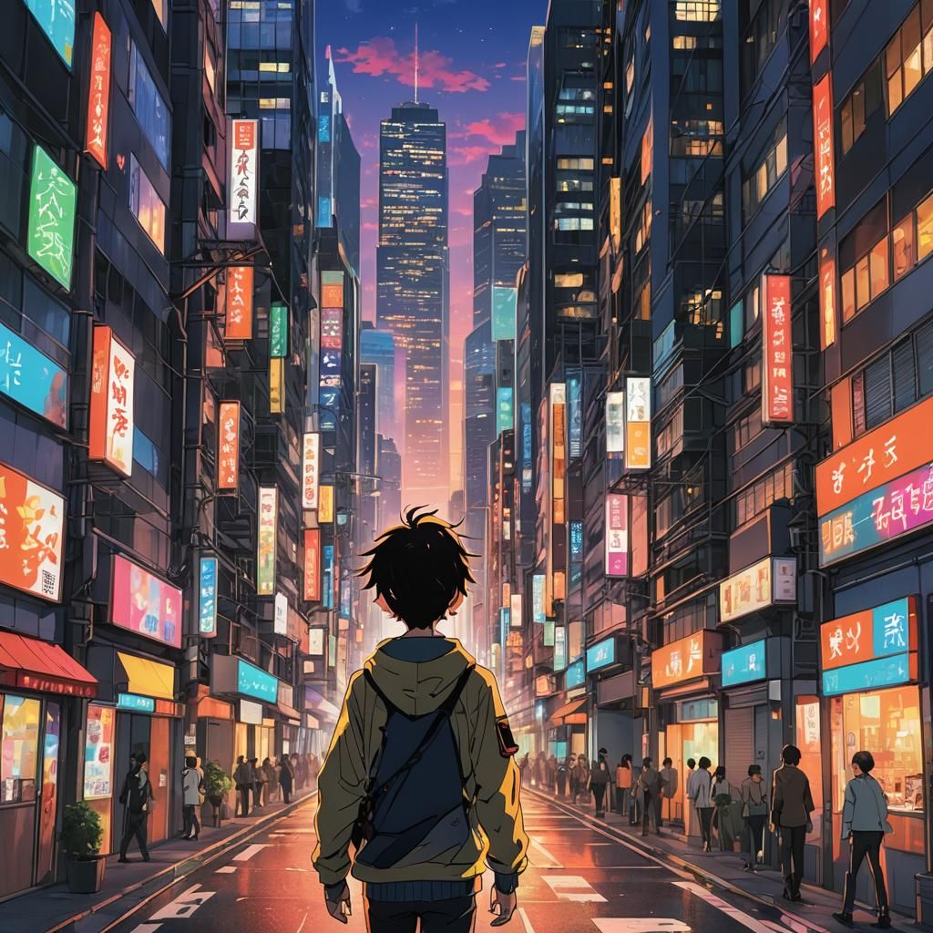 Anime Boy Walks in Neon City at Dusk