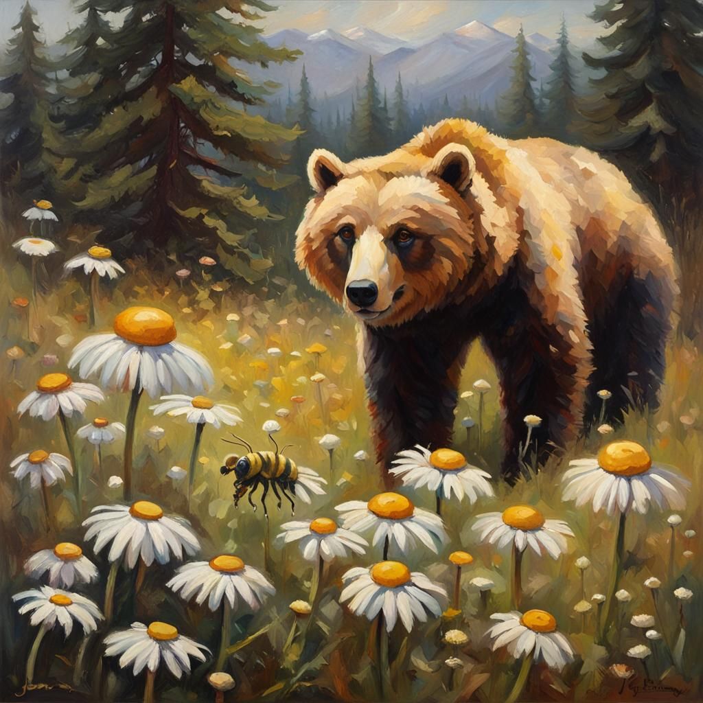 Bear Watching Bee on Daisy: Oil Painting