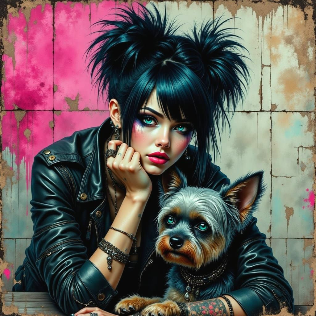Punk Girl Portrait with Westie in Grungepunk Style
