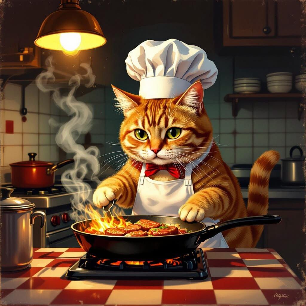 Cat Chef Cooks Sizzling Meat in Retro Motel Kitchenette
