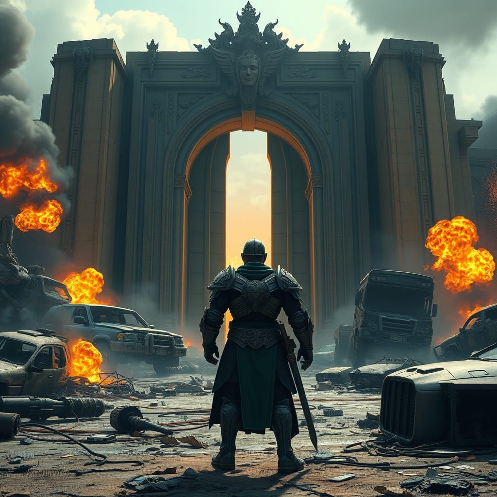 Armored Figure Before Ancient Doorway in Cinematic Style