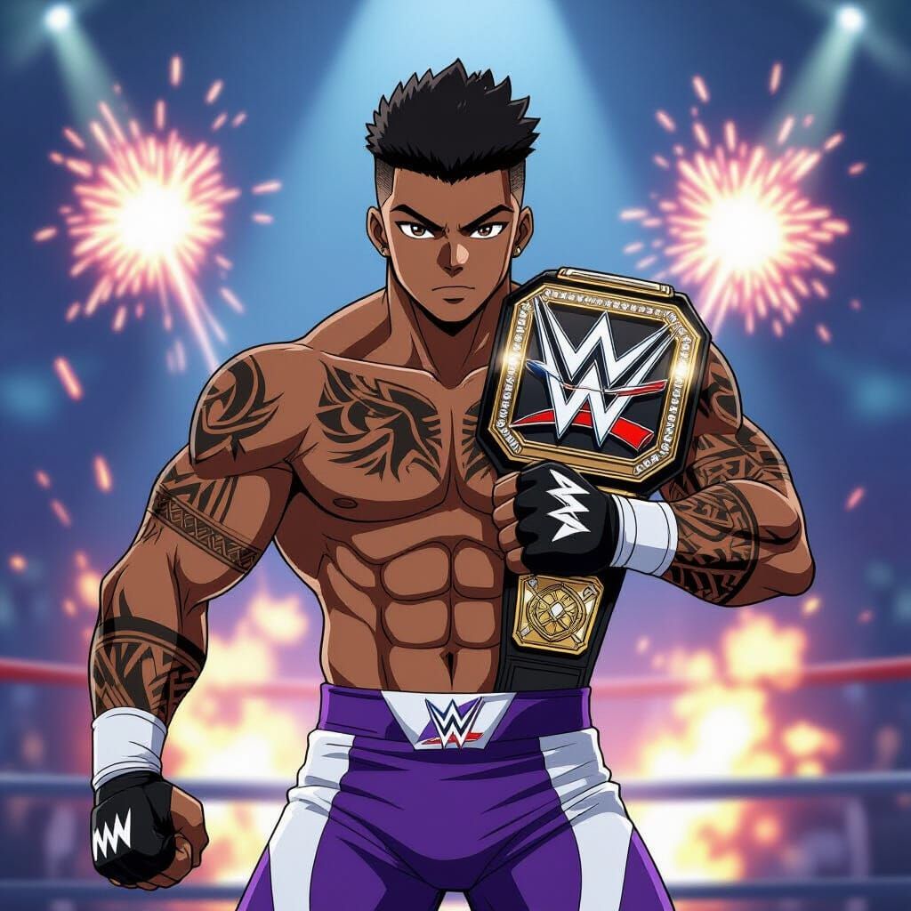 Anime Wrestler with Championship Belt and Pyro