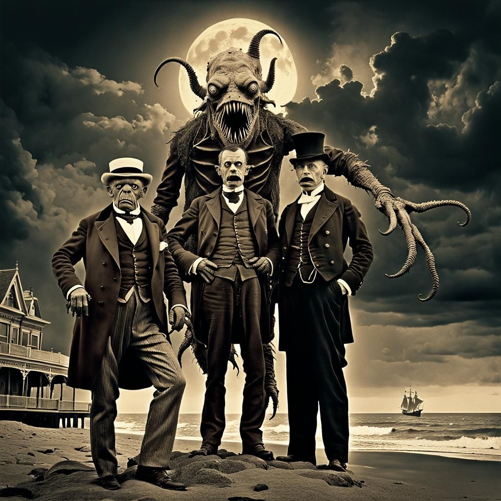 Lovecraftian Seaside Abomination in Sepia Photograph Style