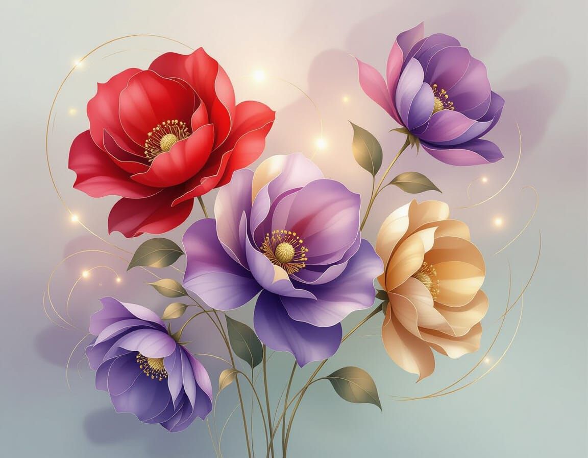 Abstract Floral Swirls of Crimson, Violet, and Gold